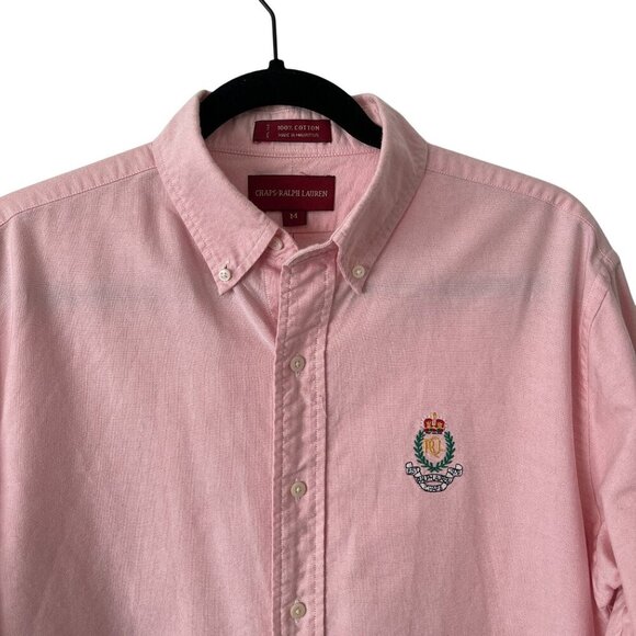 Chaps Ralph Lauren Pink Button Down Oxford Shirt Embroidered Crest Size M Cotton - Picture 4 of 5